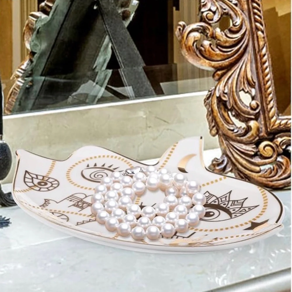 New Ceramic Hamsa Hand Evil Eye Gold Illustrative Jewelry Tray ~ Trinket Tray - Picture 4 of 12